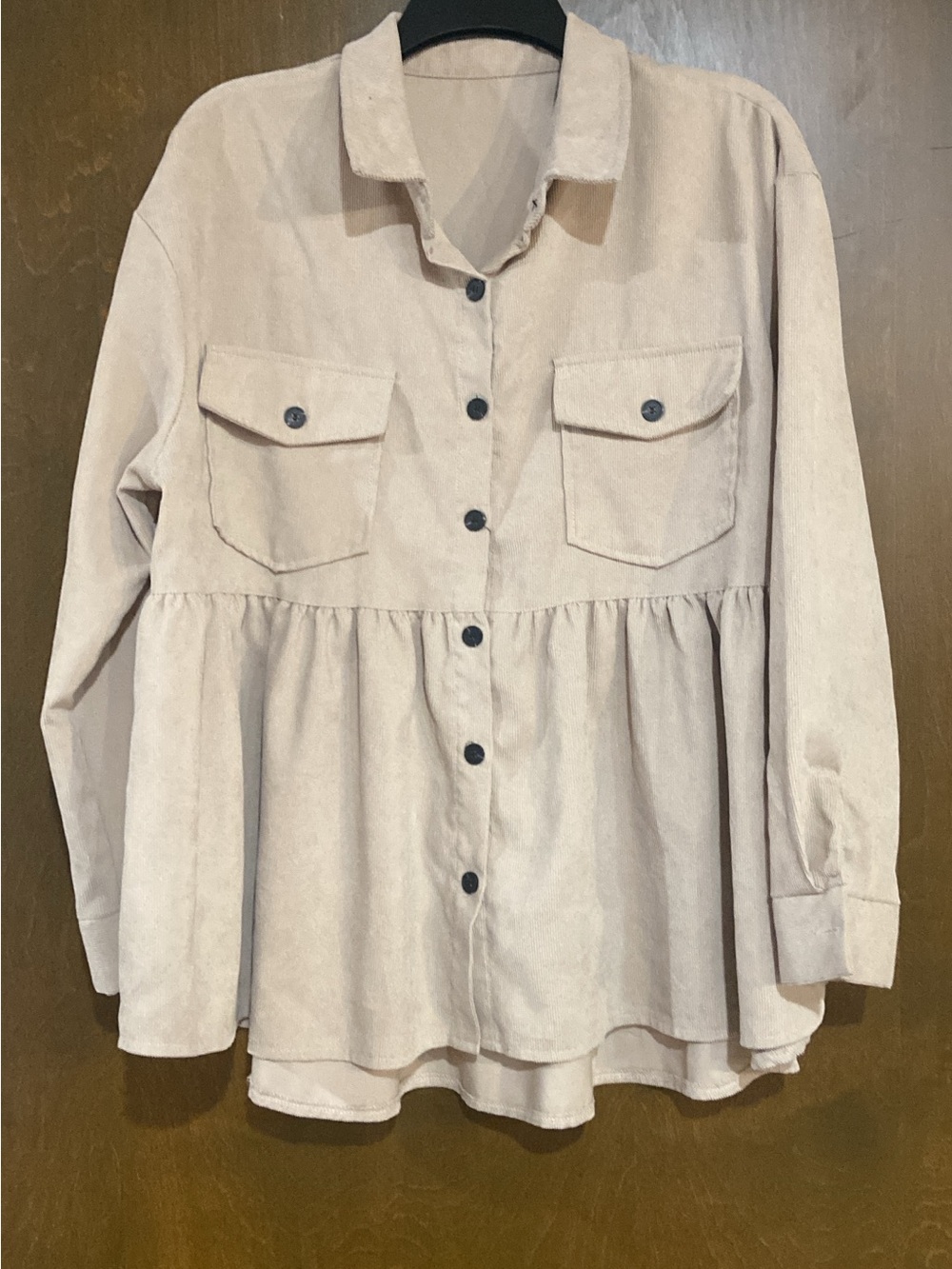 Button-Front Peplum Shirt Jacket in Light Blush/cream Corduroy